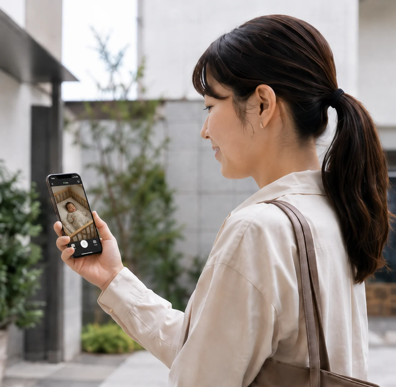 スマートフォンでカメラ映像を確認する様子